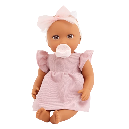 LullaBaby, 14 Inch Baby Doll Pink Dress Bow Headband Pair of Bottoms Brown Eyes Olive Skin Tone Soft Cuddly Body Pacifier First Baby Doll Gift for Kids 2 Years and Up - Lullababy - Image 8