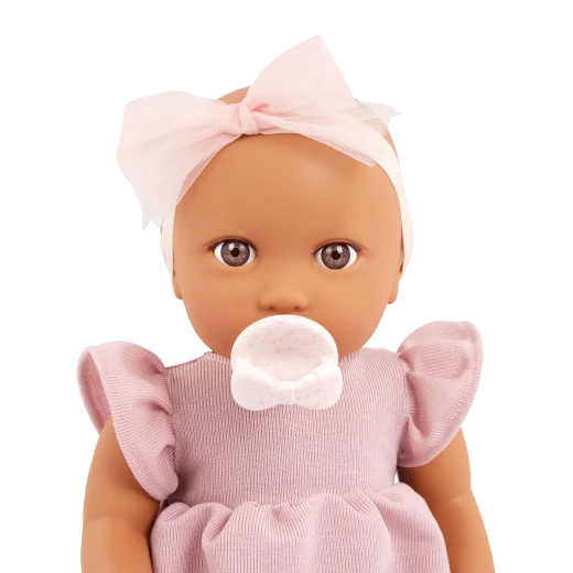 LullaBaby, 14 Inch Baby Doll Pink Dress Bow Headband Pair of Bottoms Brown Eyes Olive Skin Tone Soft Cuddly Body Pacifier First Baby Doll Gift for Kids 2 Years and Up - Lullababy - Image 6