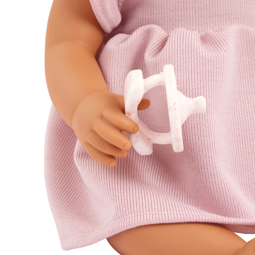 LullaBaby, 14 Inch Baby Doll Pink Dress Bow Headband Pair of Bottoms Brown Eyes Olive Skin Tone Soft Cuddly Body Pacifier First Baby Doll Gift for Kids 2 Years and Up - Lullababy - Image 4