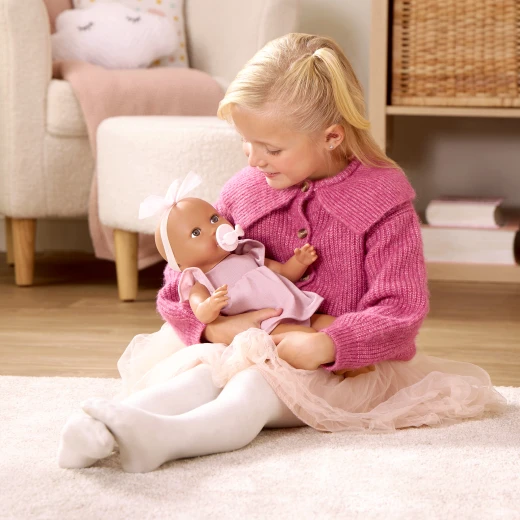 LullaBaby, 14 Inch Baby Doll Pink Dress Bow Headband Pair of Bottoms Brown Eyes Olive Skin Tone Soft Cuddly Body Pacifier First Baby Doll Gift for Kids 2 Years and Up - Lullababy - Image 3