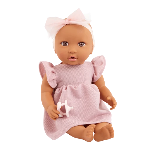 LullaBaby, 14 Inch Baby Doll Pink Dress Bow Headband Pair of Bottoms Brown Eyes Olive Skin Tone Soft Cuddly Body Pacifier First Baby Doll Gift for Kids 2 Years and Up - Lullababy - Image 2