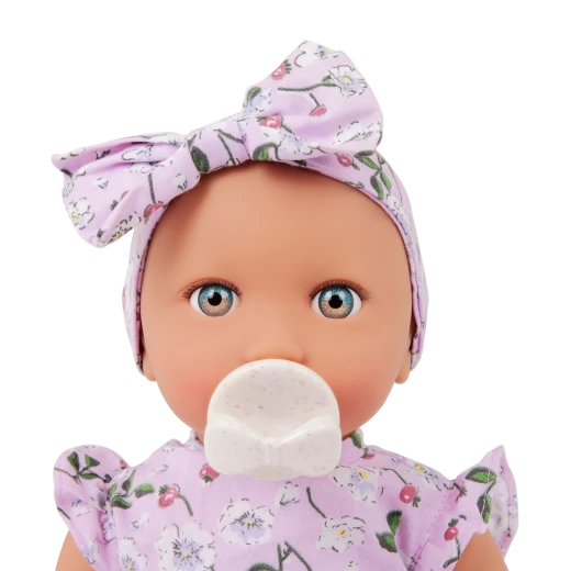 LullaBaby, 14 Inch Baby Doll Floral Onesie Bow Headband Blue Eyes Fair Skin Tone Soft Cuddly Body Pacifier First Baby Doll Gift for Kids 2 Years and Up - Lullababy - Image 6