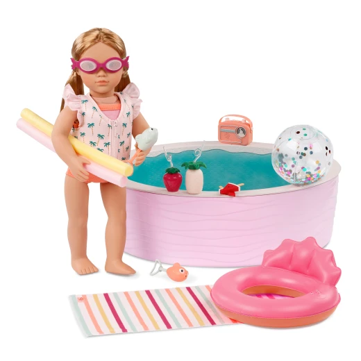 Our Generation, Poolside Fun 17-pc Doll Pool Playset & Accessories for Kids Ages 3+ 18" Doll Large Pink Pool Radio Floaties Goggles - Our Generation - Image 2