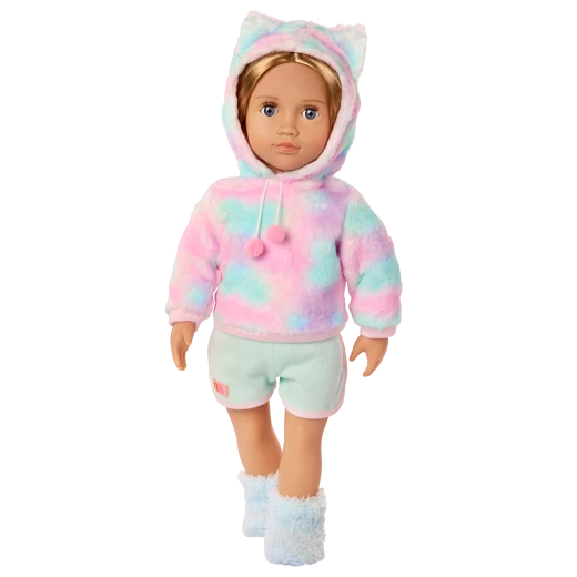 Our Generation, Mandy 18" Doll with Cat-Themed Pajama Outfit for Kids Ages 3+ Gray Eyes Closing Plush Pajamas Hood with Cat Ears - Our Generation - Image 2