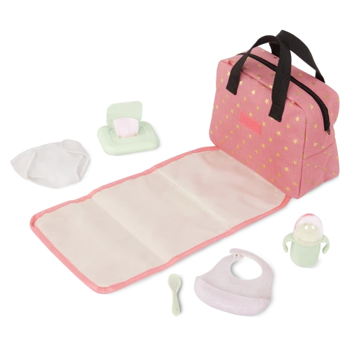 LullaBaby, Baby Doll Diaper Bag Set Diaper Bag with Foldout Changing Mat Sippy Cup Diaper Bib Spoon Pretend Baby Wipes Storage Pockets Durable Easy to Clean Ages 2 Years and Up Accessory Set Only - Lullababy - Image 7