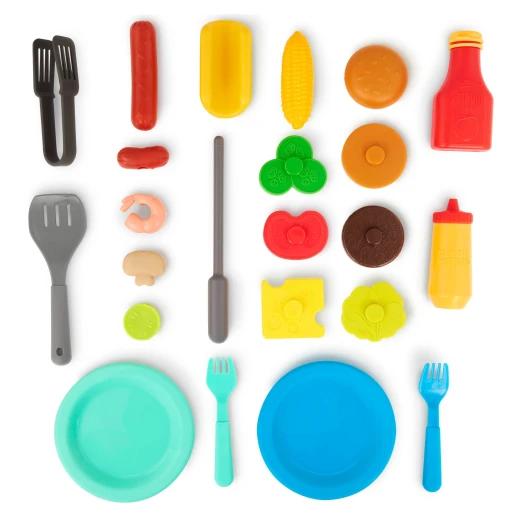 Battat, Cook 'n' Go BBQ 26-Piece Educational Playset for Kids Ages 3+ with Grill Skewer Shrimp Veggies Corn Hot Dog Condiment Bottles Stackable Burger Ingredients Tongs and Plates for Pretend Role-Play - Battat - Image 3