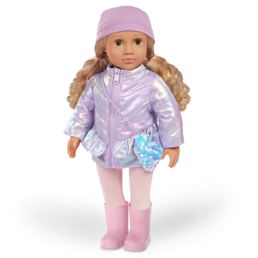 Our Generation, Wintery Glam Coat Outfit & Accessories for Kids Ages 3+ 18" Doll Clothes Metallic Puffer Coat Beanie Sequin Purse Boots - Our Generation - Image 2