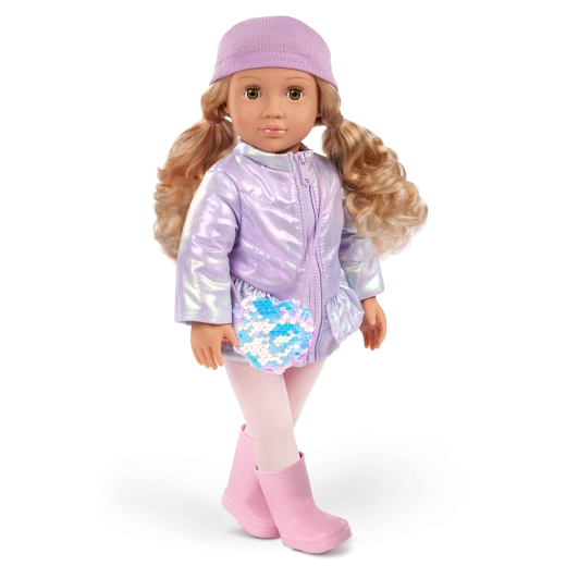 Our Generation, Wintery Glam Coat Outfit & Accessories for Kids Ages 3+ 18" Doll Clothes Metallic Puffer Coat Beanie Sequin Purse Boots - Our Generation - Image 3