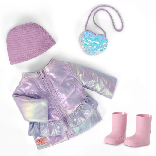 Our Generation, Wintery Glam Coat Outfit & Accessories for Kids Ages 3+ 18" Doll Clothes Metallic Puffer Coat Beanie Sequin Purse Boots - Our Generation - Image 6