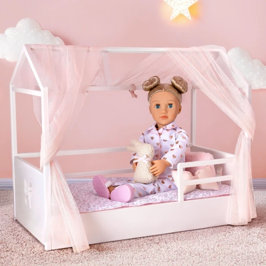 Our Generation, Enchanting Canopy Doll Bed with Bedding Set House Frame Design Pink Sheer Canopy Removable Mattress Floral Blanket Decorative Pillows Faux Shearling Bunny Pillow Furniture for 18 Inch Dolls Kids Age 3+ - Our Generation - Image 3