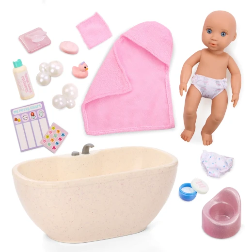 Our Generation, Baby Lacy 20 cm Baby Doll Bathtime Playset with Bathtub Real Water Sounds Bath Duck Toy Bubbles Potty Training Chart Stickers Diapers Hooded Towel Shampoo Soap Baby Care Accessories Compatible with 46 cm Dolls for Kids Age 3+ - Our Generation - Image 2
