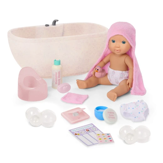 Our Generation, Baby Lacy 20 cm Baby Doll Bathtime Playset with Bathtub Real Water Sounds Bath Duck Toy Bubbles Potty Training Chart Stickers Diapers Hooded Towel Shampoo Soap Baby Care Accessories Compatible with 46 cm Dolls for Kids Age 3+ - Our Generation - Image 6