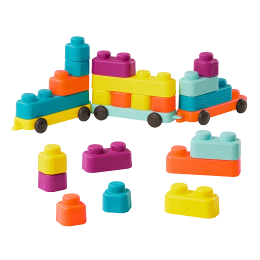 B. Toys, Buildin Squishies Soft Baby Building Blocks Sensory Stacking Toy With Train Cars Squeezable Textured Blocks Learning Construction Set For Babies 3 Months Plus - B. toys - Image 2
