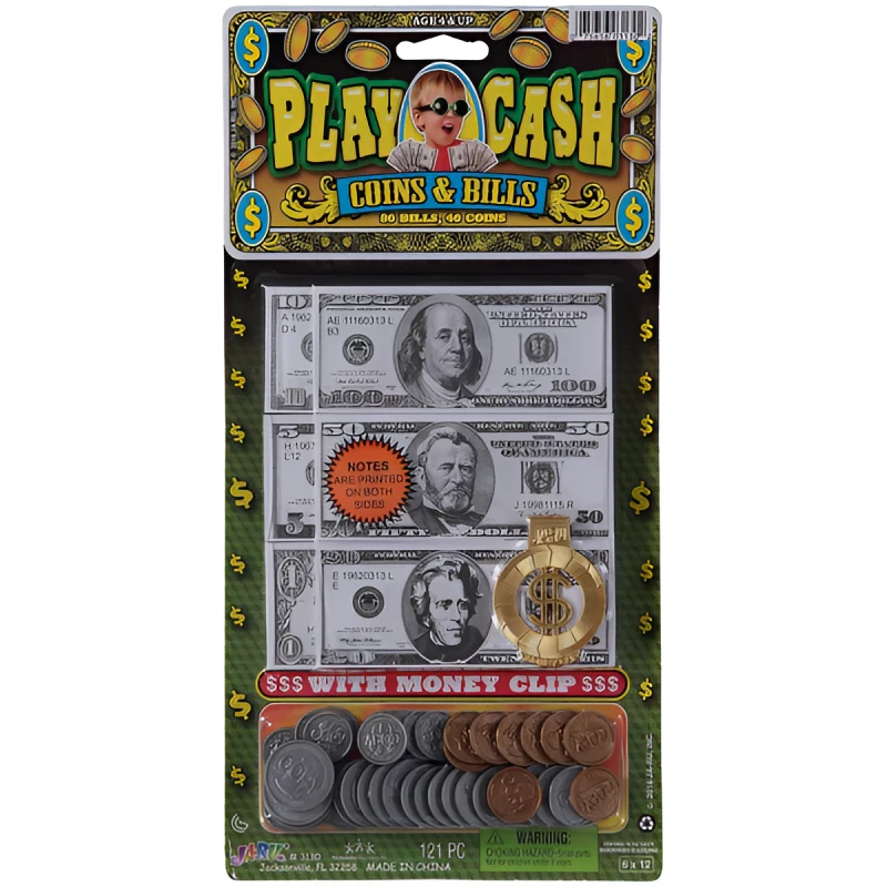 JARU, Play Cash Coins and Bills Set 121 Pieces Kids Educational Play Money with Plastic Coins Paper Bills and Gold Money Clip Role Play Learning Toy - Jaru