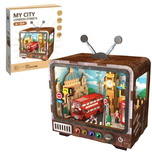 Streets of London 3D Puzzle Retro TV Design DIY Kit with LED Light 100 Wooden Pieces for Ages 12+ Creative European Decoration - K Toys - Image 5