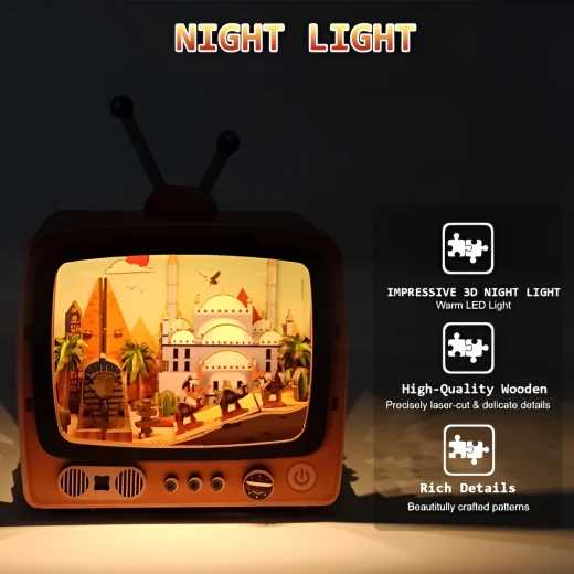 بازل الأهرامات المصرية ثلاثي الأبعاد بتصميم تلفاز كلاسيكي مع إضاءة ليد مجموعة تركيب 89 قطعة خشبية للأعمار 12+ ديكور تاريخي - كي تويز - Image 4