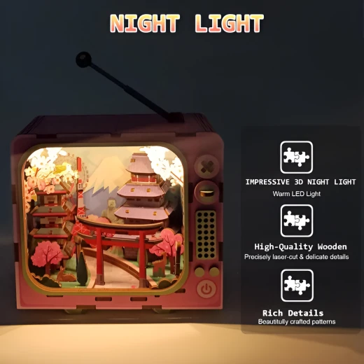 Mount Fuji 3D Puzzle Retro TV Design DIY Kit with LED Light 129 Wooden Pieces for Ages 12+ Creative Japanese Decoration - K Toys - Image 4