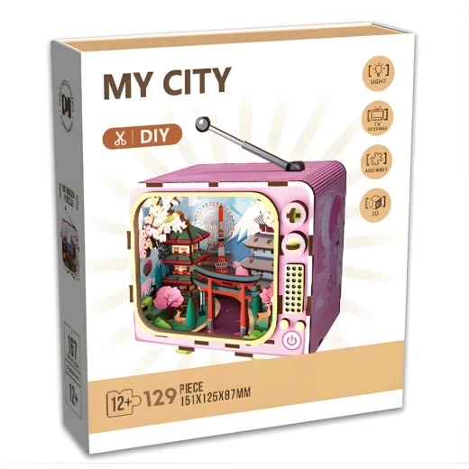 Mount Fuji 3D Puzzle Retro TV Design DIY Kit with LED Light 129 Wooden Pieces for Ages 12+ Creative Japanese Decoration - K Toys - Image 6