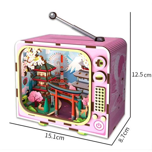 Mount Fuji 3D Puzzle Retro TV Design DIY Kit with LED Light 129 Wooden Pieces for Ages 12+ Creative Japanese Decoration - K Toys - Image 7