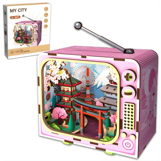 Mount Fuji 3D Puzzle Retro TV Design DIY Kit with LED Light 129 Wooden Pieces for Ages 12+ Creative Japanese Decoration - K Toys - Image 11