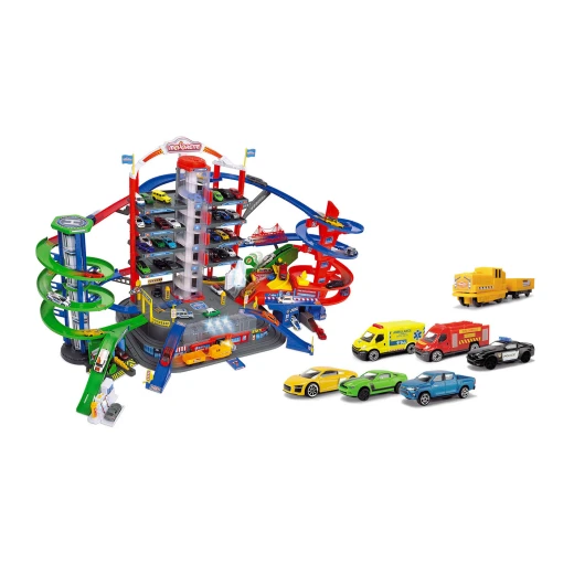 Majorette, Super City Garage Mega City Playset 7 Levels Motorized Elevators Car Wash Gas Station Helicopter Pad 6 Metal Cars Train with Wagon and 35 Parking Spaces - MAJORETTE - Image 2
