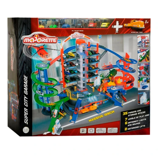 Majorette, Super City Garage Mega City Playset 7 Levels Motorized Elevators Car Wash Gas Station Helicopter Pad 6 Metal Cars Train with Wagon and 35 Parking Spaces Majorette, Super City Garage Mega City Playset 7 Levels Motorized Elevators Car Wash Gas Station Helicopter Pad 6 Metal Cars Train with Wagon and 35 Parking Spaces