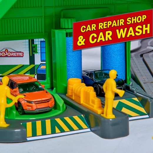 Majorette, Super City Garage Mega City Playset 7 Levels Motorized Elevators Car Wash Gas Station Helicopter Pad 6 Metal Cars Train with Wagon and 35 Parking Spaces - MAJORETTE - Image 3