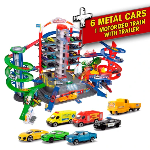 Majorette, Super City Garage Mega City Playset 7 Levels Motorized Elevators Car Wash Gas Station Helicopter Pad 6 Metal Cars Train with Wagon and 35 Parking Spaces - MAJORETTE - Image 6