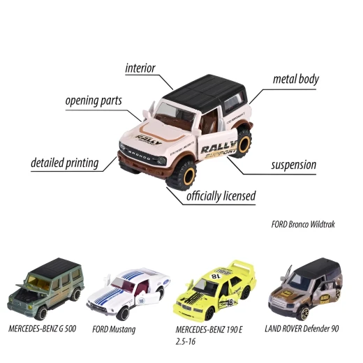 Majorette, Castheads Gift Pack 1:64 Diecast Metal Cars 5 Vehicles Mercedes-Benz G500 Land Rover Defender 90 Ford Mustang 190E Bronco Opening Doors Suspension 7.5cm Kids 3+ - MAJORETTE - Image 6