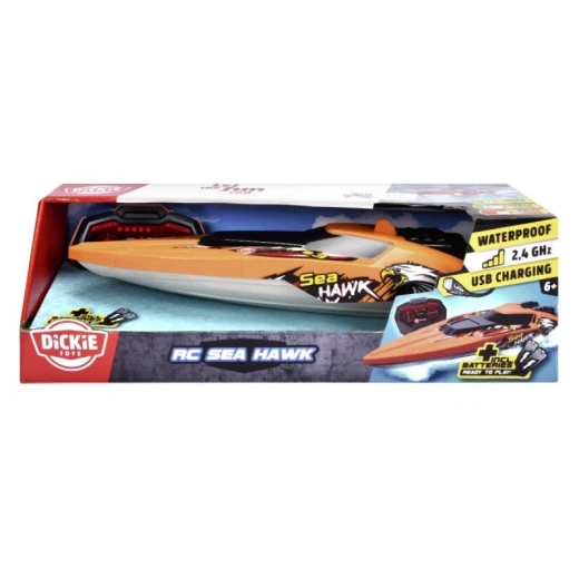 Dickie, RC Sea Hawk Remote Controlled Boat for Fun on Water with 2.4 GHz Remote Control, Li-Fe 320 mAh Battery, Top Speed up to 4 km/h in Turbo Mode, 33 cm Length, 30 m Control Range, 20 Minutes Operating Time, 45 Minutes Charging Time