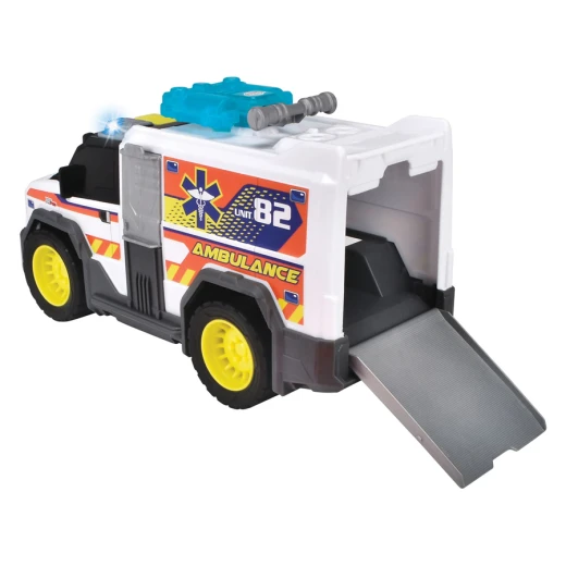 Dickie, Toy Ambulance with Light and Sound 30 cm Emergency Vehicle with Disc Shooter Roof Opening Rear Door Stretcher Ramp Kids Rescue Toy Age 3+ - Dickie - Image 5