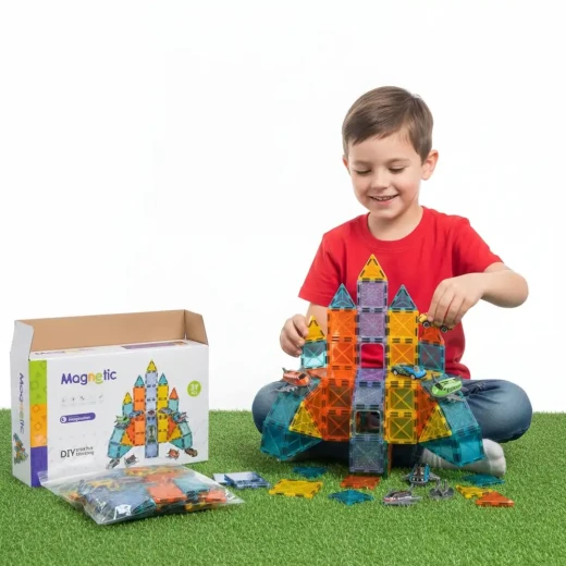 Magnetic Building Blocks Cars and Airplane Park Set with 59 Pieces Rolling Ball Tracks Creative Educational Construction Toy for Kids Age 3+ - K Toys - Image 3