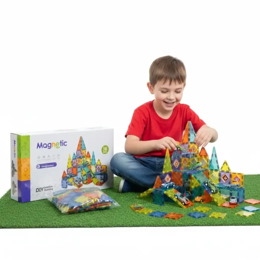 Magnetic Blocks Cars Park Building Set with 75 Pieces Creative Educational Construction Toy for Kids Age 3+ Imagination Motor Skills Hand-Eye Coordination 3D Shapes Geometric Modeling and Interactive Play - K Toys - Image 2