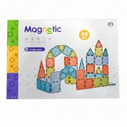 Magnetic Building Tiles Set with 48 Pieces Creative STEM Educational Construction Toy for Kids Age 3+ Triangles Squares 3D Shapes Color Recognition Motor Skills Imaginative Play