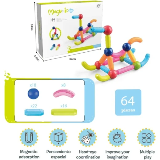 Magnetic Building Sticks Construction Set for Kids Creative Educational Learning Toy with Colorful Design Flexible Assembly and Strong Magnetic Connections 64 Pieces for Children Age 3+ - K Toys - Image 11