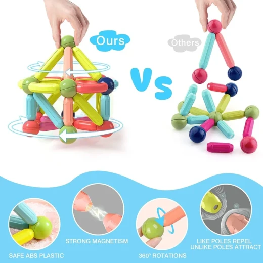 Magnetic Building Sticks Construction Set for Kids Creative Educational Learning Toy with Colorful Design Flexible Assembly and Strong Magnetic Connections 64 Pieces for Children Age 3+ - K Toys - Image 8