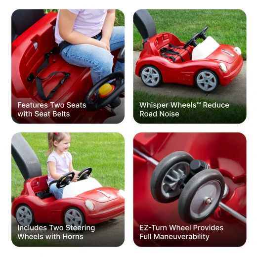 Step2, Side By Side Push Around Roadster Kids Double Rider Ride On Car Two Seats Steering Wheels Horn Seat Belts Whisper Wheels Parent Handle Foldable Storage Outdoor Indoor Stroller Alternative Age 1.5 Plus - Step2 - Image 4