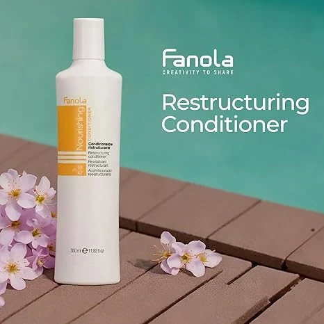 Fanola Nourishing Restructuring Conditioner 350ml is a professional hair care product designed for dry, frizzy, and damaged hair. It deeply hydrates and smooths the hair, leaving it soft, silky, and easy to manage. Enriched with linseed oil, it nourishes the hair fibers, prevents split ends, and enhances shine. This conditioner is suitable for color-treated and chemically processed hair, helping to extend color life and restore healthy appearance. - Fanola - Image 2