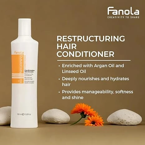 Fanola Nourishing Restructuring Conditioner 350ml is a professional hair care product designed for dry, frizzy, and damaged hair. It deeply hydrates and smooths the hair, leaving it soft, silky, and easy to manage. Enriched with linseed oil, it nourishes the hair fibers, prevents split ends, and enhances shine. This conditioner is suitable for color-treated and chemically processed hair, helping to extend color life and restore healthy appearance. - Fanola - Image 3