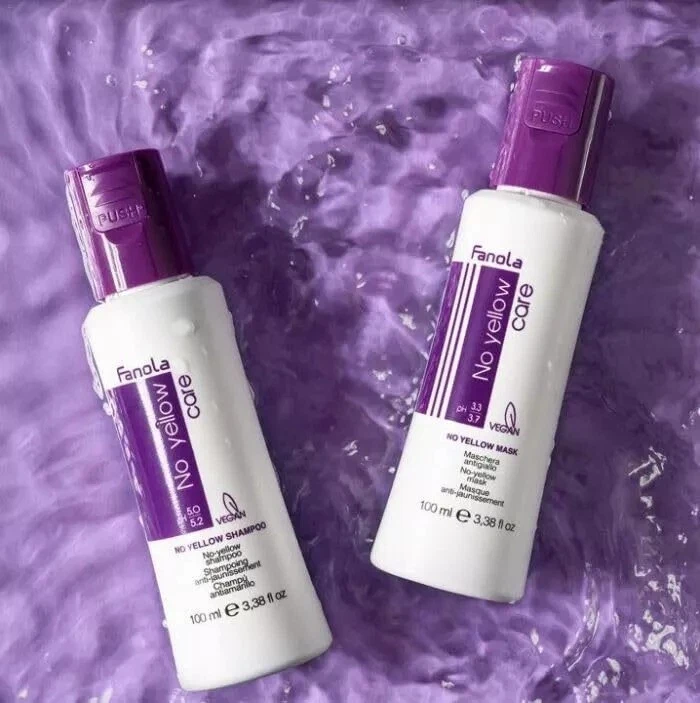 Fanola No Yellow Professional Set for blonde and color-treated hair, anti-yellow shampoo and mask with advanced violet pigments, delivering cool toned shine, deep hydration, silky softness, and long-lasting color protection 100 ml - Fanola