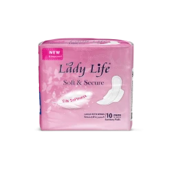 Lady Life Daytime Sanitary Pads, 10 pads with super absorbency and extended all-day protection, comfortable design with wings for longer-lasting secure fit.