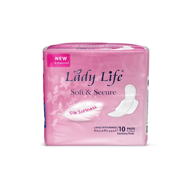 Lady Life Daytime Sanitary Pads, 10 pads with super absorbency and extended all-day protection, comfortable design with wings for longer-lasting secure fit. - Lady Life