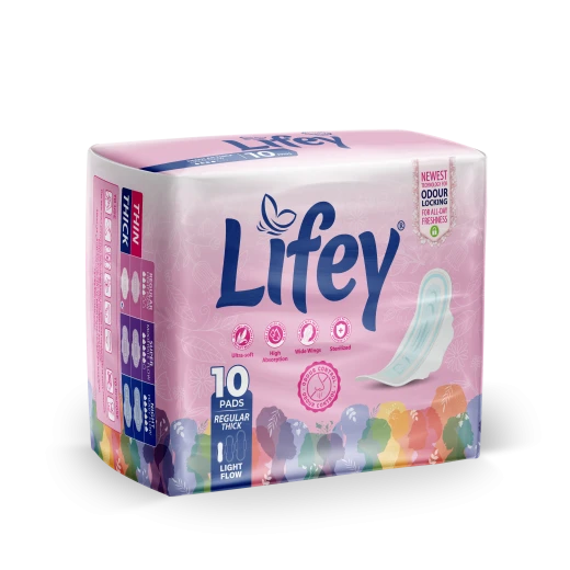 Lifey with the world’s latest odour control technology, regular thick sanitary pads ideal for light flow, offering maximum protection and all-day comfort, pack of 10 pads. Lifey with the world’s latest odour control technology, regular thick sanitary pads ideal for light flow, offering maximum protection and all-day comfort, pack of 10 pads.