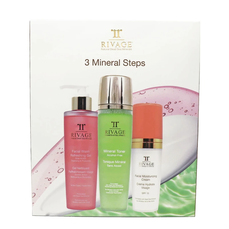 Rivage 3 Mineral Steps Gift Set - Facial Wash 180ml, Mineral Toner 200ml & Moisturizing Cream 60ml - Complete Dead Sea Skincare Routine Set - Rivage