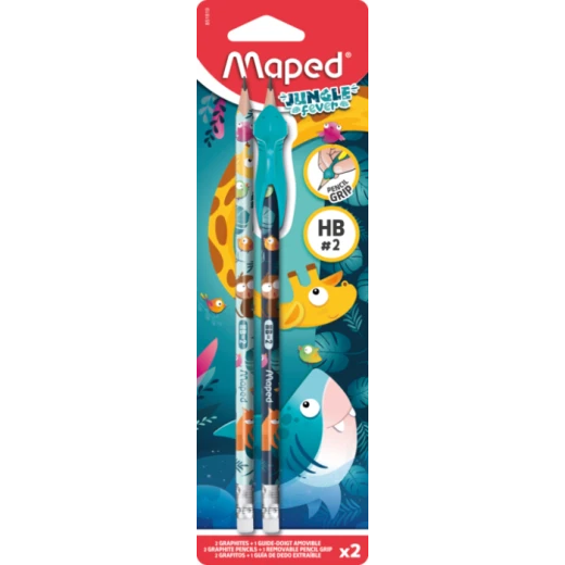 Maped Graphite Pencils HB with Erasers – 2-Pack + 1 Pencil Grip – Jungle Fever Blue Maped Graphite Pencils HB with Erasers – 2-Pack + 1 Pencil Grip – Jungle Fever Blue
