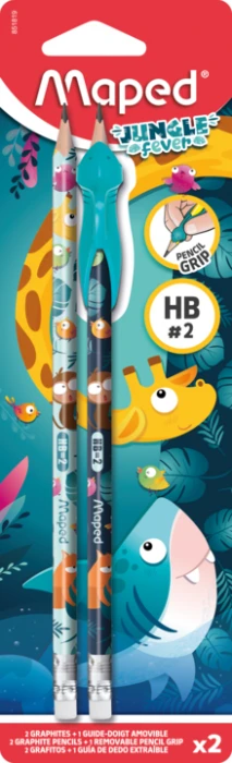 Maped Graphite Pencils HB with Erasers – 2-Pack + 1 Pencil Grip – Jungle Fever Blue - Maped