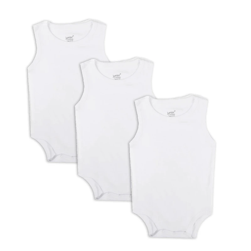 Junior White Sleeveless Baby Bodysuit 3-6 M, Premium Cotton Blend, Soft & Breathable, Easy Care, Everyday Comfort - Junior Clothing