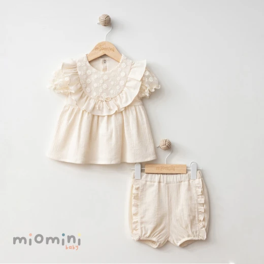 Miomini Embroidered Tulle Baby Girl 2-Piece Set with Shorts, (4254), Beige, 6 Months - Miomini - Image 2