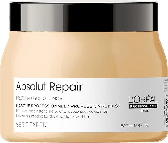 ماسك لوريال بروفيسيونال Absolut Repair سعة 500 مل، علاج مكثف لإصلاح الشعر التالف والجاف، يعيد بناء ألياف الشعر، يقلل التقصف، يمنح ترطيباً عميقاً ولمعاناً ونعومة، مناسب للشعر المعالج كيميائياً والمتضرر من الحرارة والصبغات - لوريال بروفيشنال