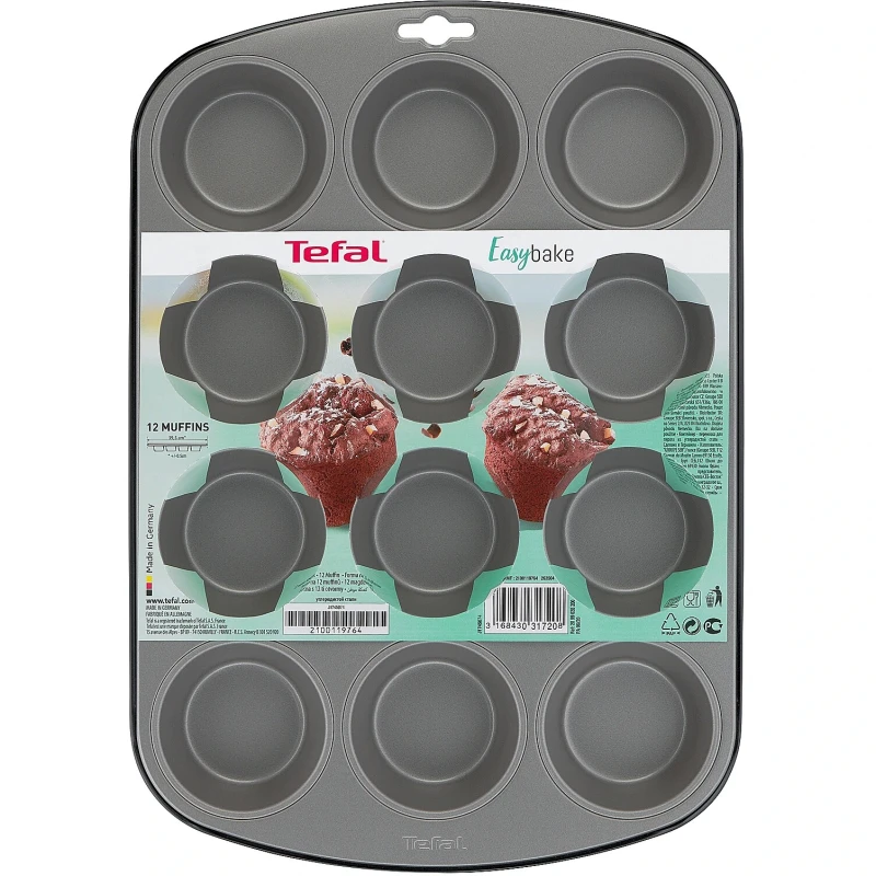 Tefal Easy Bake 12-Cup Muffin Tray, Non-Stick Carbon Steel Bakeware | Even Heat Distribution | Easy Release & Cleaning - Tefal